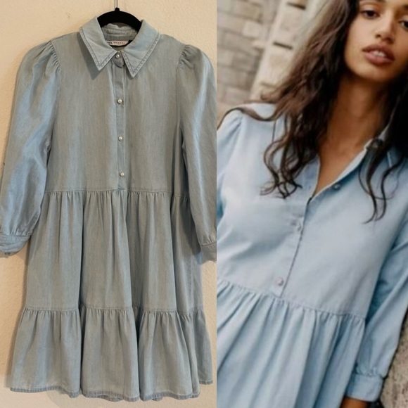 ZARA Women Midi Dress XS BLUE COTTON CHAMBRAY LIGHTWASHED JEAN TIERED Preppy - Picture 1 of 17